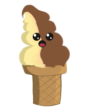 Chocolate-vanilla twist mascot, vanilla side toward vanilla, chocolate side toward chocolate