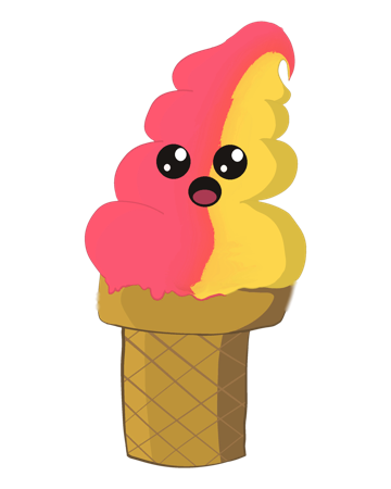 Strawberry-banana twist mascot, strawberry side toward strawberry, banana side toward banana